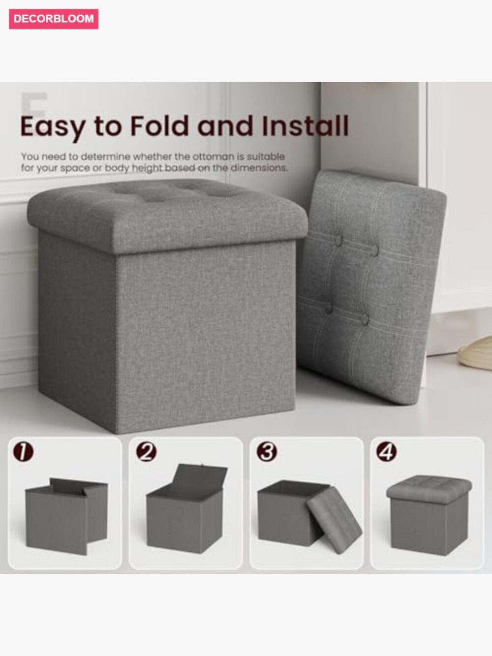 15" Storage Ottoman Cube, Foldable Storage Box with Padded Seat, 300lb Capacity - Picture 4 of 7